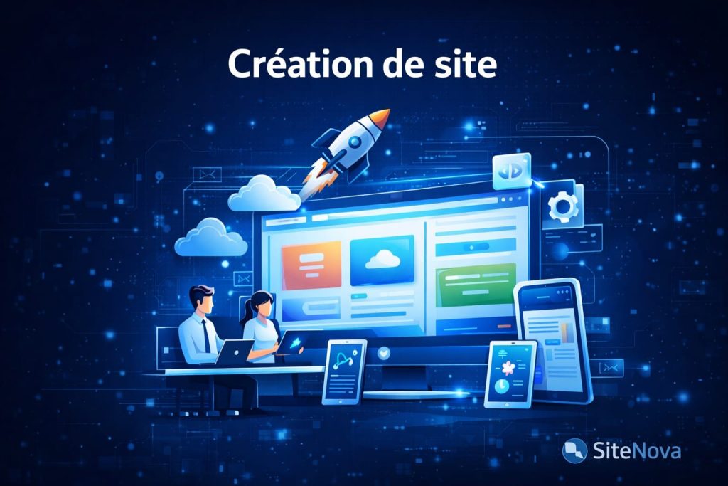 Illustration création de site web professionnel avec développement, design moderne et lancement digital