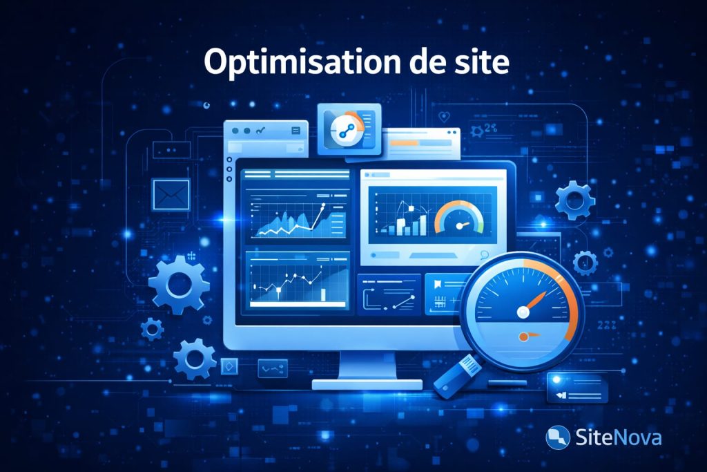 Illustration optimisation de site web avec analyse de performance, vitesse de chargement et amélioration SEO