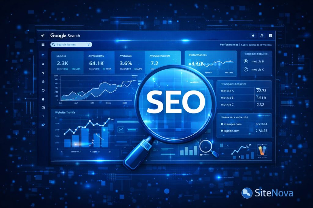 Interface SEO inspirée d’un tableau de bord type Search Console avec analyse de trafic, mots-clés et performance