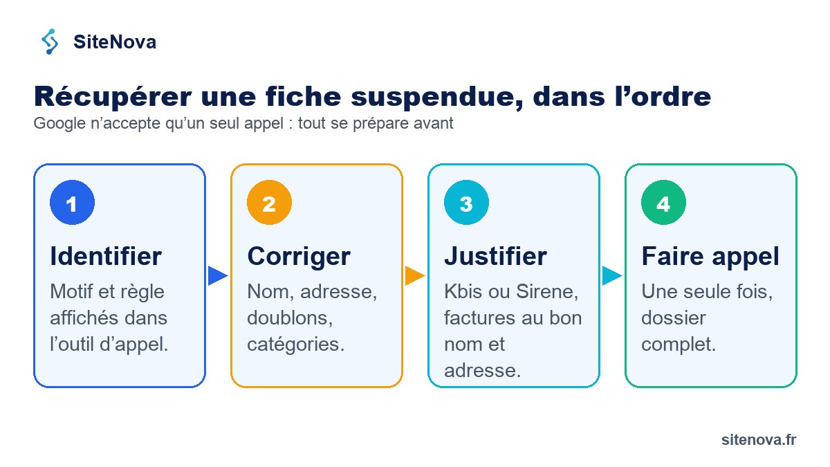 Les 4 étapes pour récupérer une fiche Google suspendue : identifier, corriger, justifier, faire appel