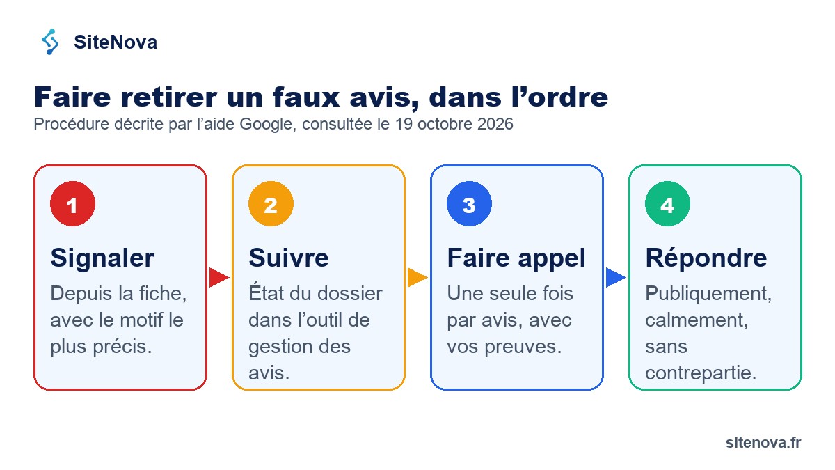 Les étapes pour faire retirer un faux avis Google : signaler, suivre l'état, faire appel une fois, attendre la décision